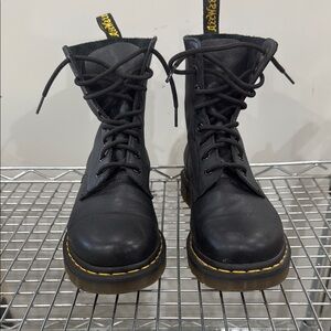 Dr. Martens Black Leather Boots with Yellow Stitching
